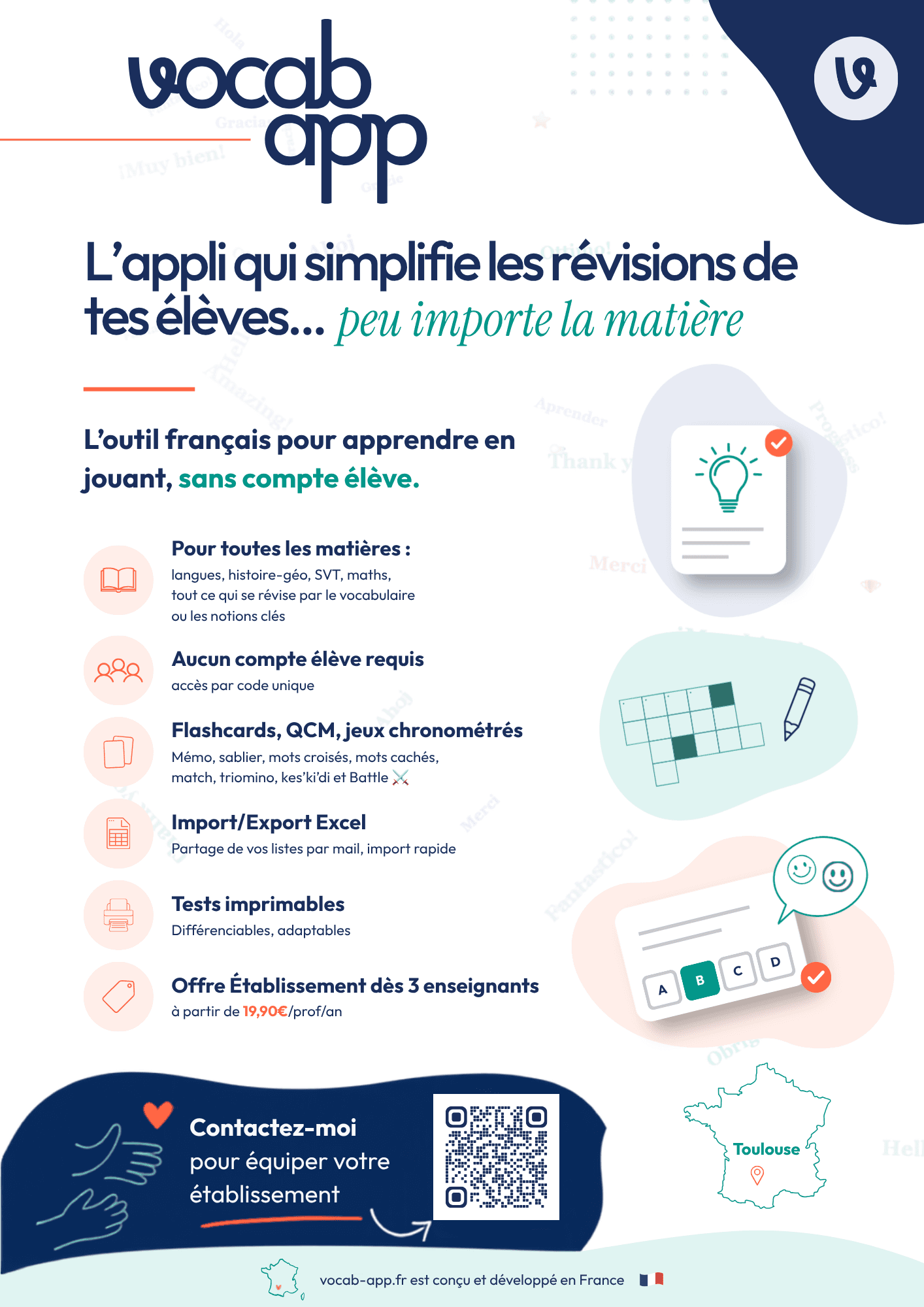 Affiche Vocab App : l'appli qui simplifie les révisions, peu importe la matière. Pour toutes les matières, sans compte élève, flashcards, QCM et jeux chronométrés.